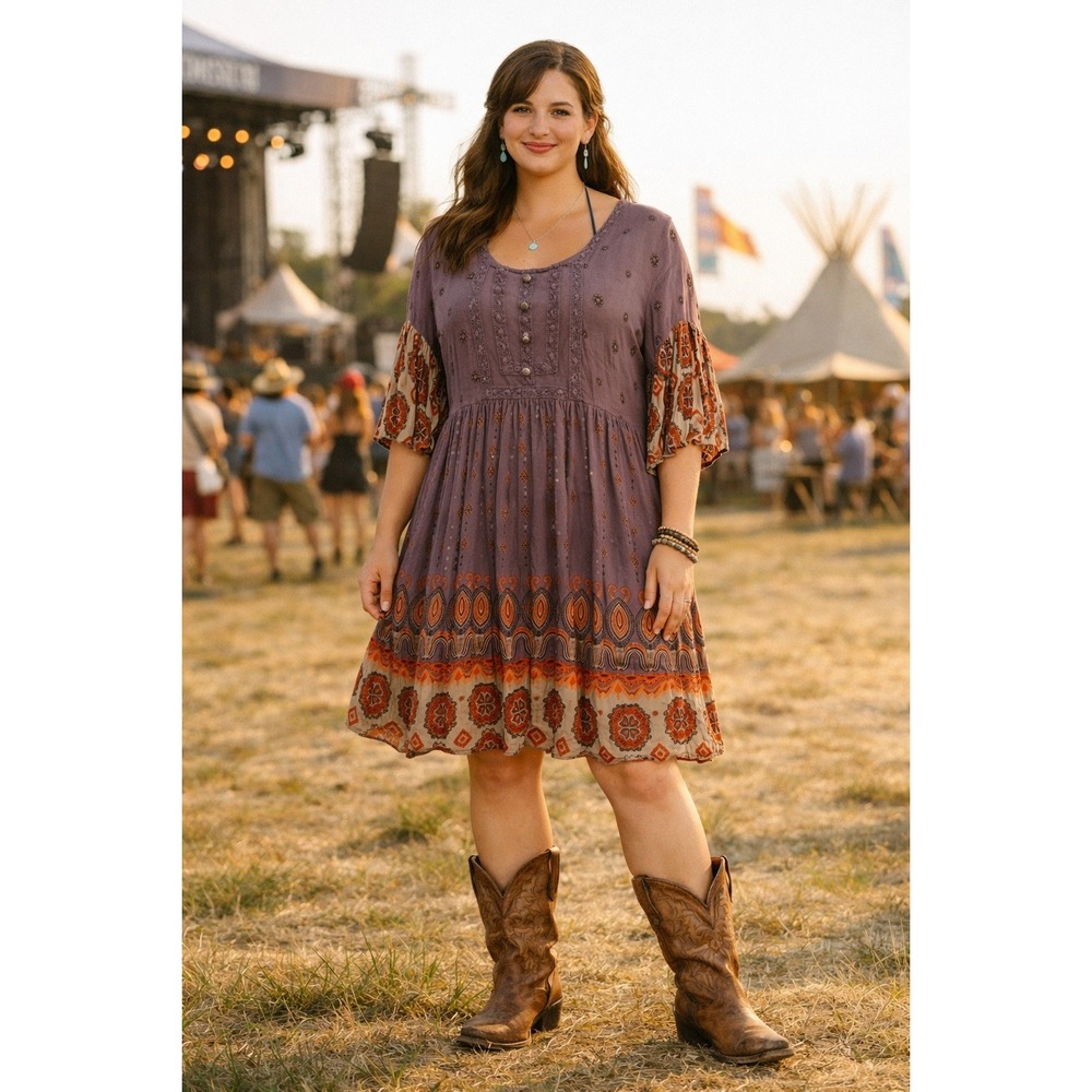 Umgee Babydoll Mini Dress‎ Womens Large Western Boho Gypsy Festival Hippie Artsy